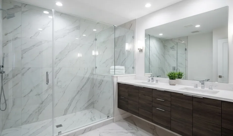 Completed bathroom remodel with walk-in shower and new vanity in Portland, Oregon