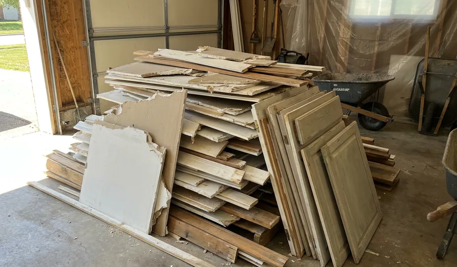 Construction remodel debris staged for removal in a Portland, Oregon garage