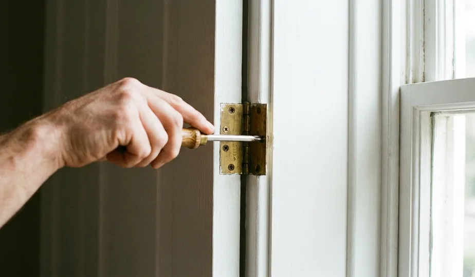 Handyman repairing a door hinge before listing a home in Portland, Oregon