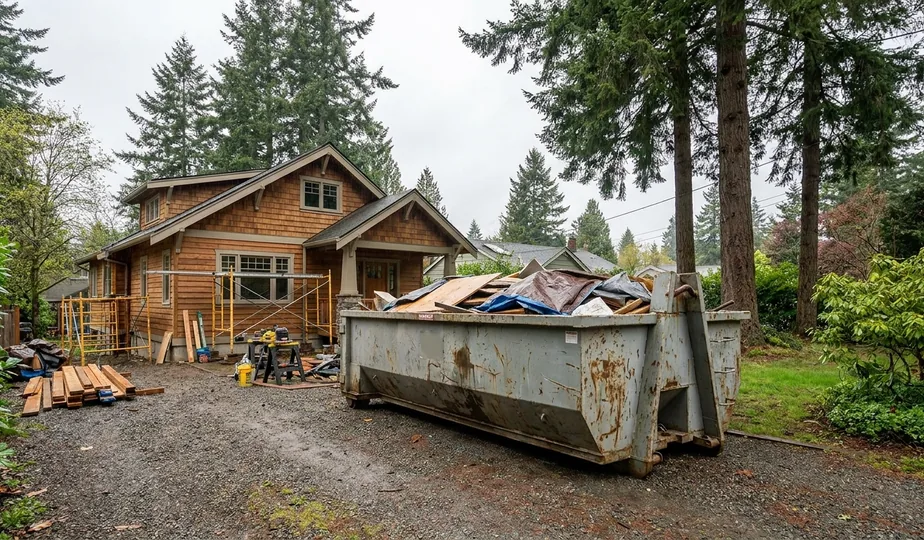 Residential roll-off dumpster rental parked in a Portland, Oregon driveway