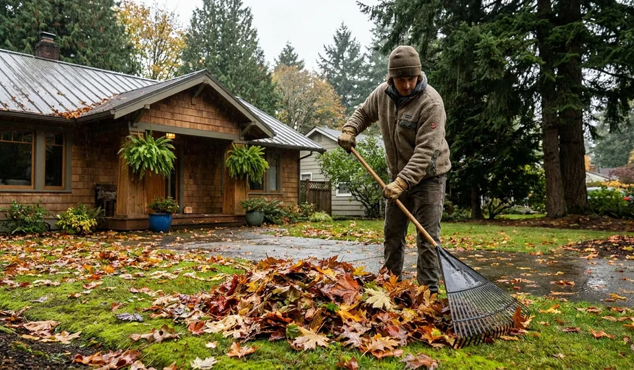 Fall leaf cleanup on a lawn in Portland, Oregon