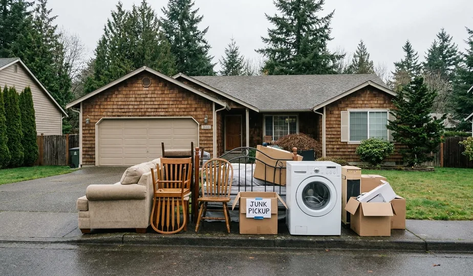 Furniture and appliances staged for junk removal pickup in Portland, Oregon