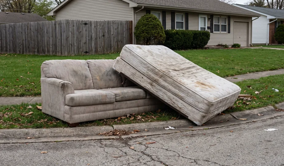 Old couch and mattress set out for furniture removal in Portland, Oregon