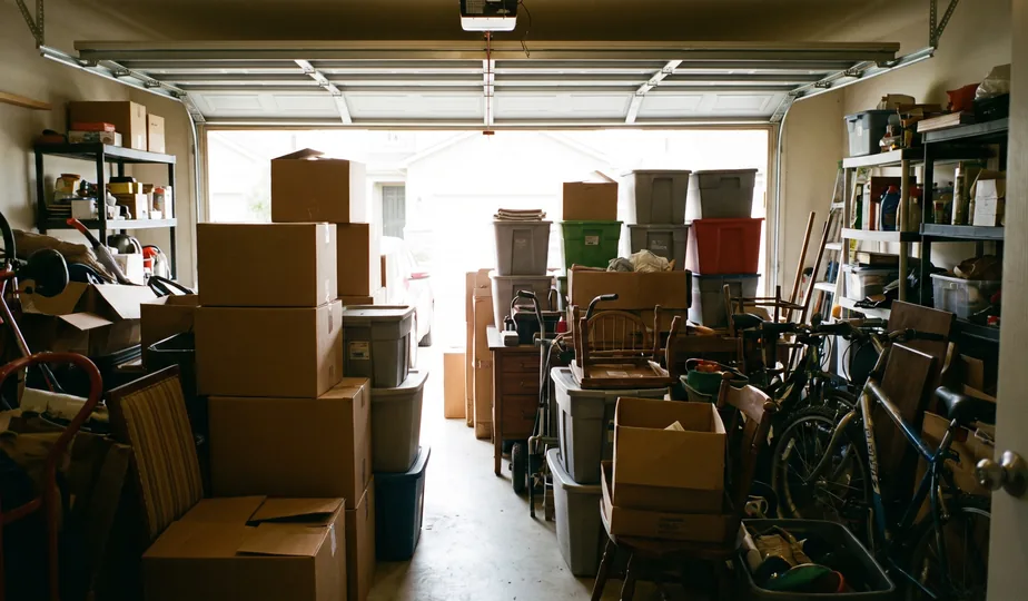 Cluttered garage before a cleanout in Portland, Oregon