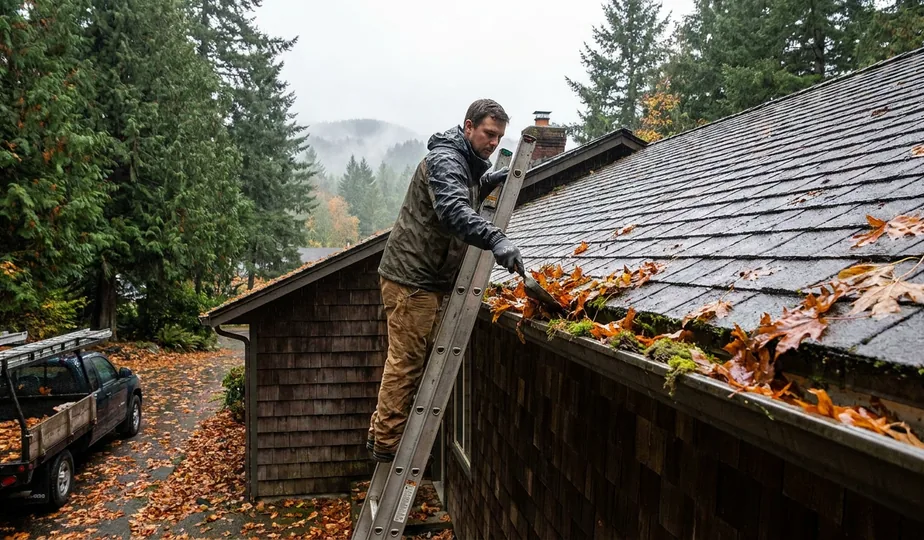 Gutter cleaning as part of seasonal home maintenance in Portland, Oregon