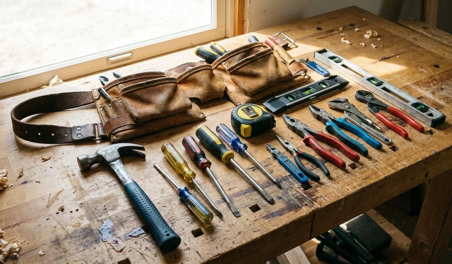 Handyman tools laid out on a workbench in Portland, Oregon