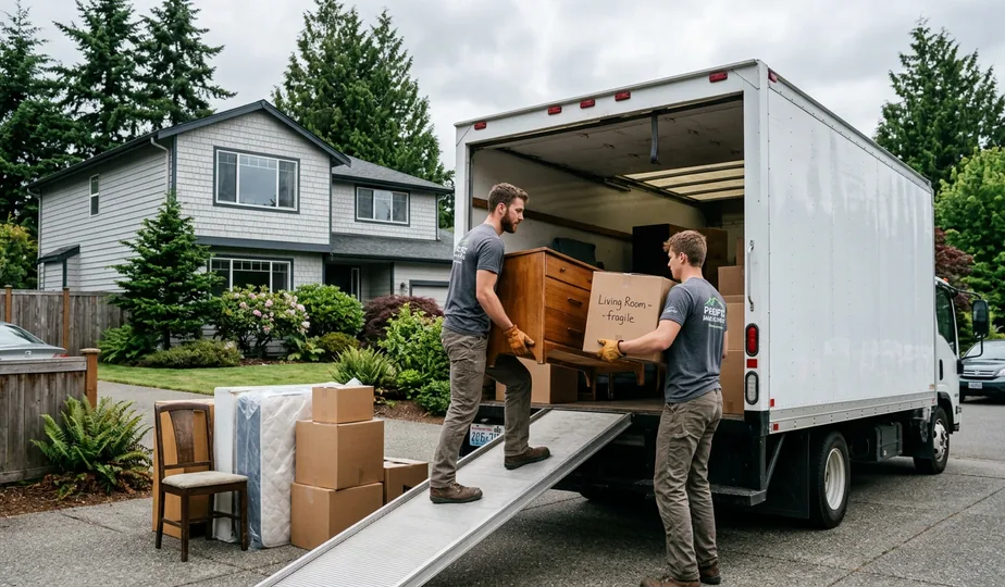 Junk removal crew loading furniture into a truck in Portland, Oregon