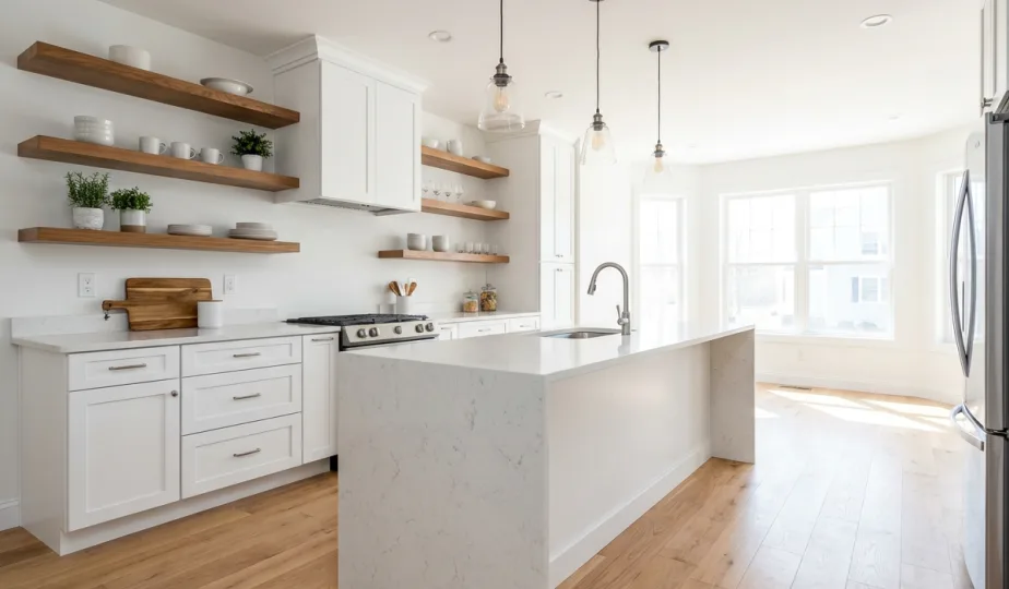Completed kitchen remodel with new cabinets and counters in Tigard, Oregon