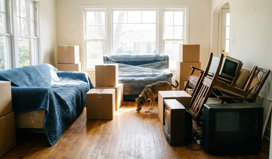 Moving boxes and items staged for junk removal in Portland, Oregon