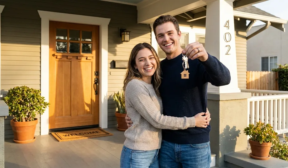 First-time homeowners with keys to their new home in Portland, Oregon