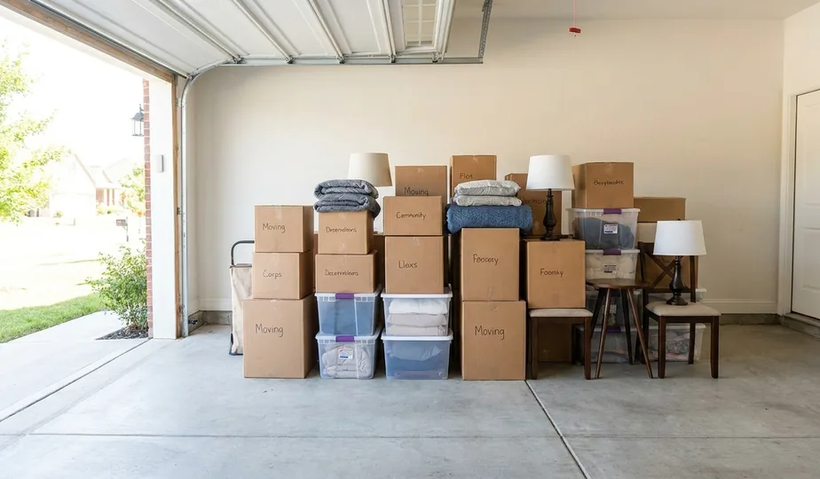 Household items organized in a garage ahead of a junk removal pickup in Portland, Oregon