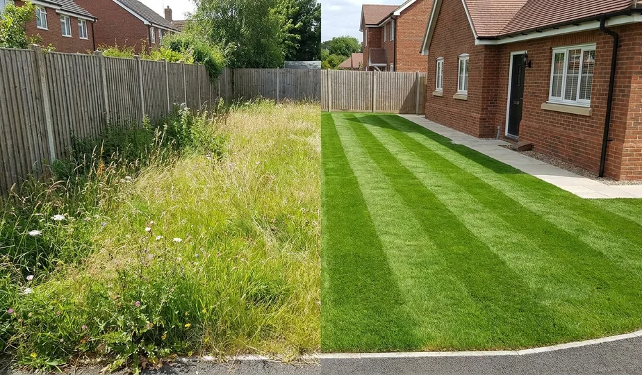 Overgrown lawn next to a freshly mowed lawn in Portland, Oregon