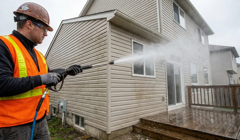 Pressure washing siding on a two-story home in Portland, Oregon