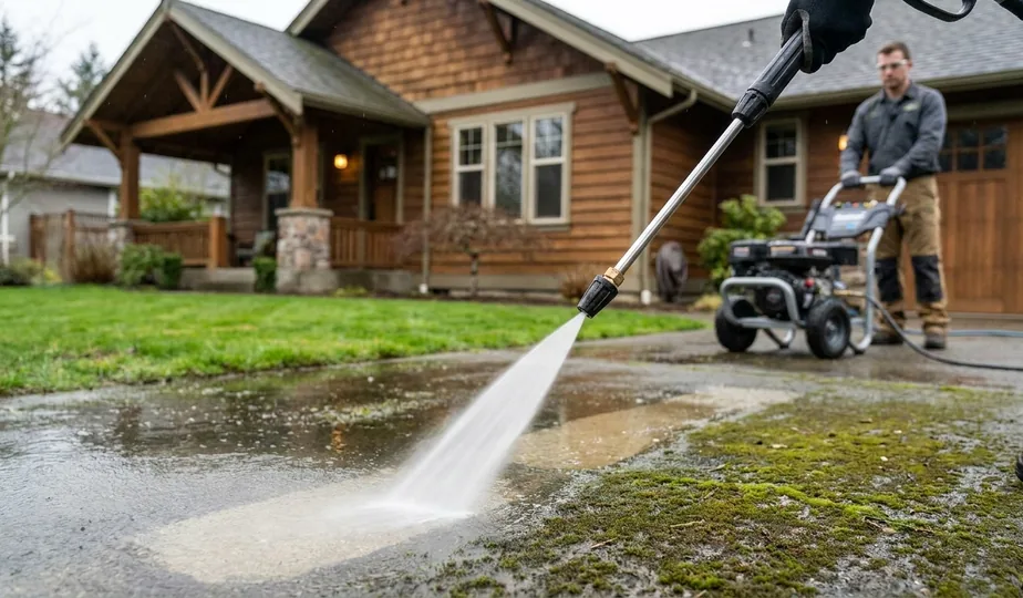 Pressure washing a concrete driveway in Portland, Oregon